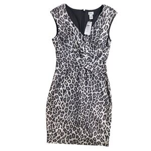 Cache Womens 6 Silver Gray Leopard Animal Print Satin Pleated Sheath Dress LGYPT